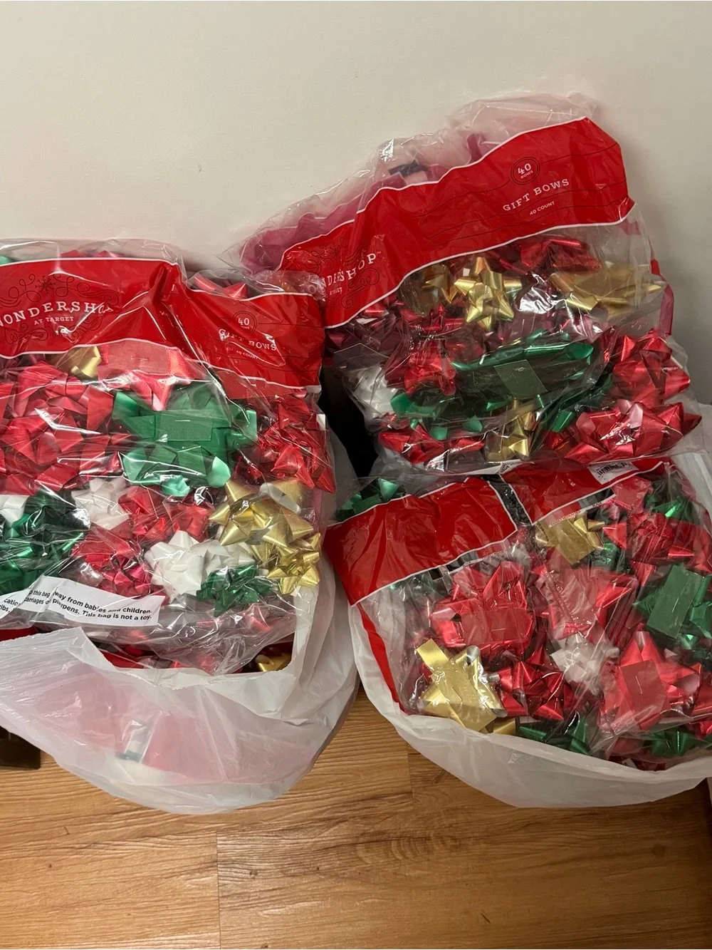 5 bags-  Metallic Holiday Gift Bows in Red, Green, White, Gold - 200 Count